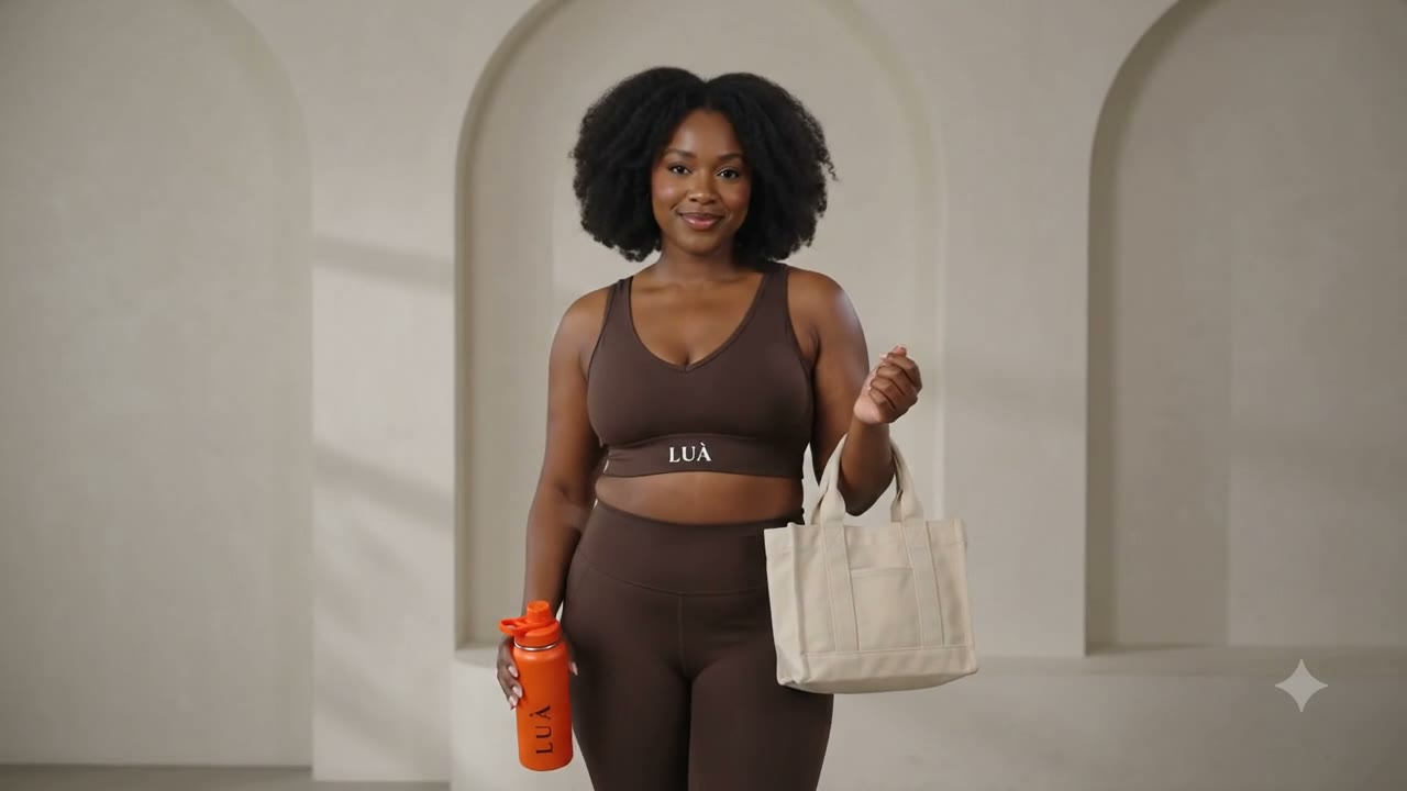 Mulher com top e legging LUÀ, garrafa e bolsa da marca